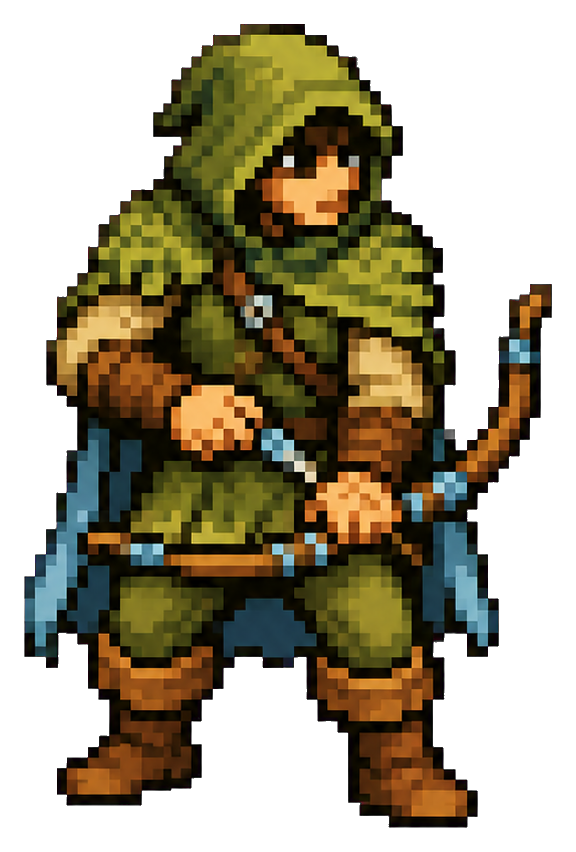 Pixel art archer in a green hood holding a bow and arrows.