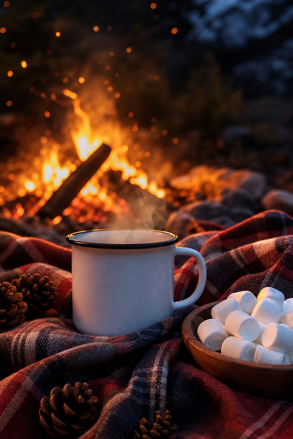 White camping mug and marshmallows on a plaid blanket beside a glowing campfire.
