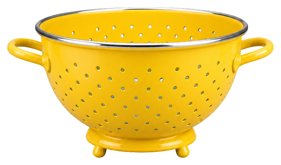 Bright yellow colander with two side handles and small perforation holes.