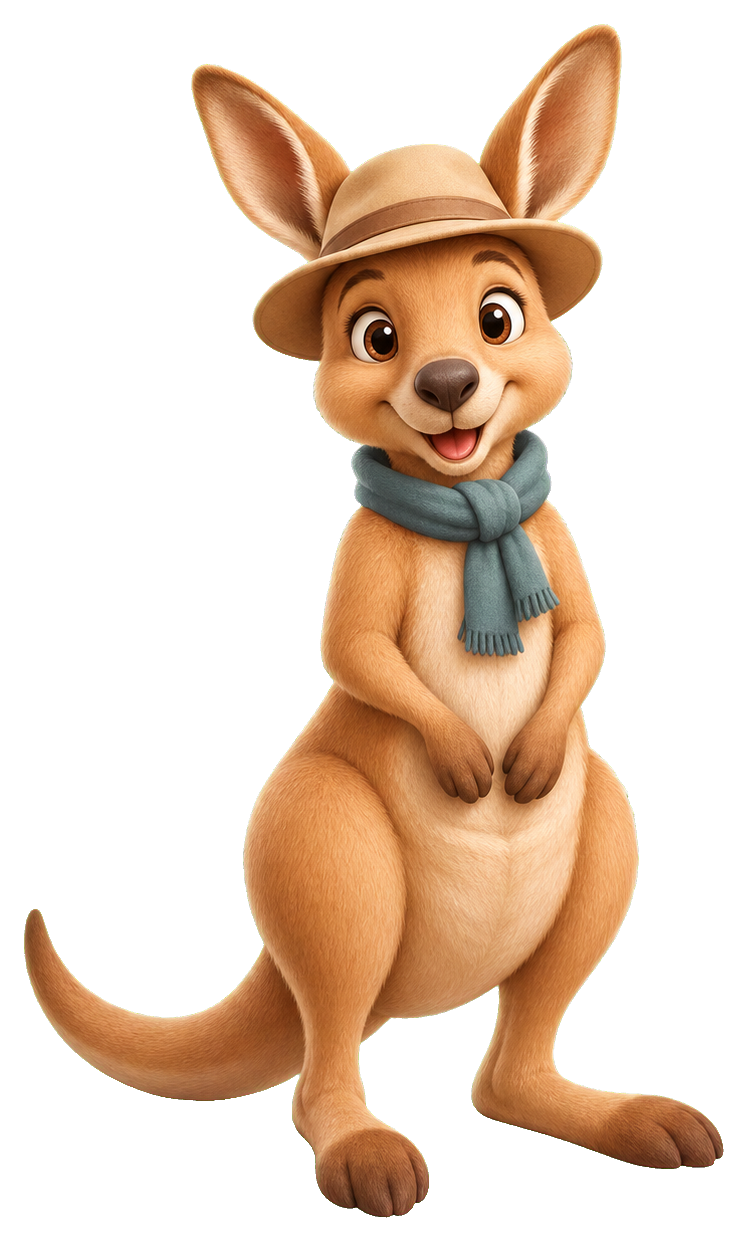 Cute kangaroo wearing a hat and scarf, standing upright with a friendly smile.