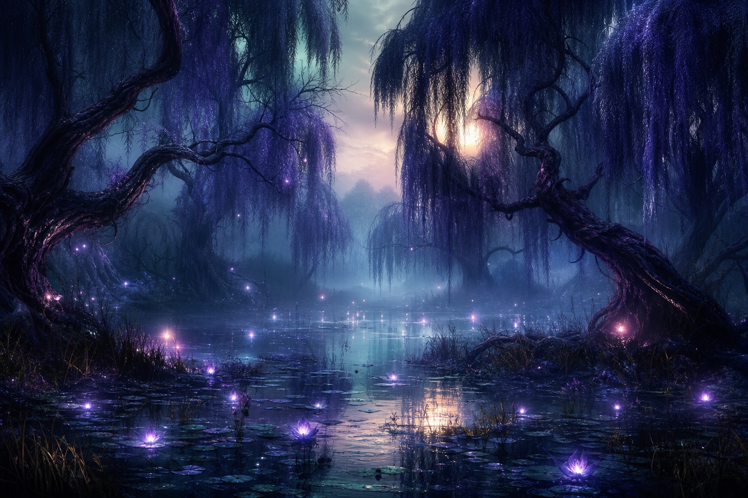 Dark fantasy swamp with twisted willow trees and glowing lights over misty water