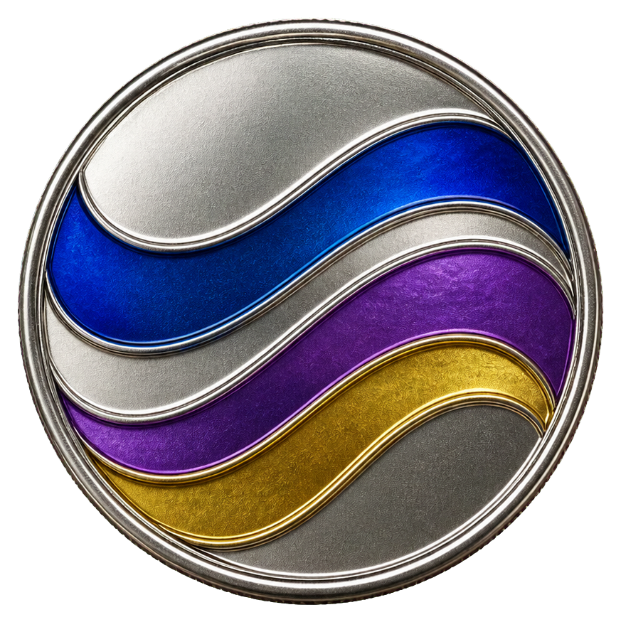 Round metallic coin sticker with blue, purple, and gold wave inlays