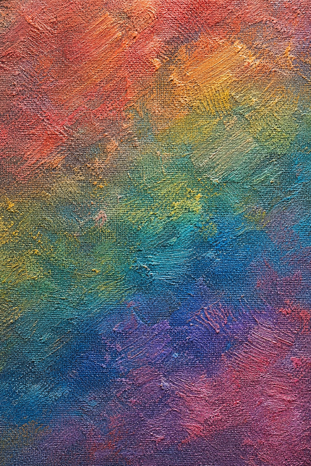 Muted rainbow paint texture with dry brush strokes on a canvas surface