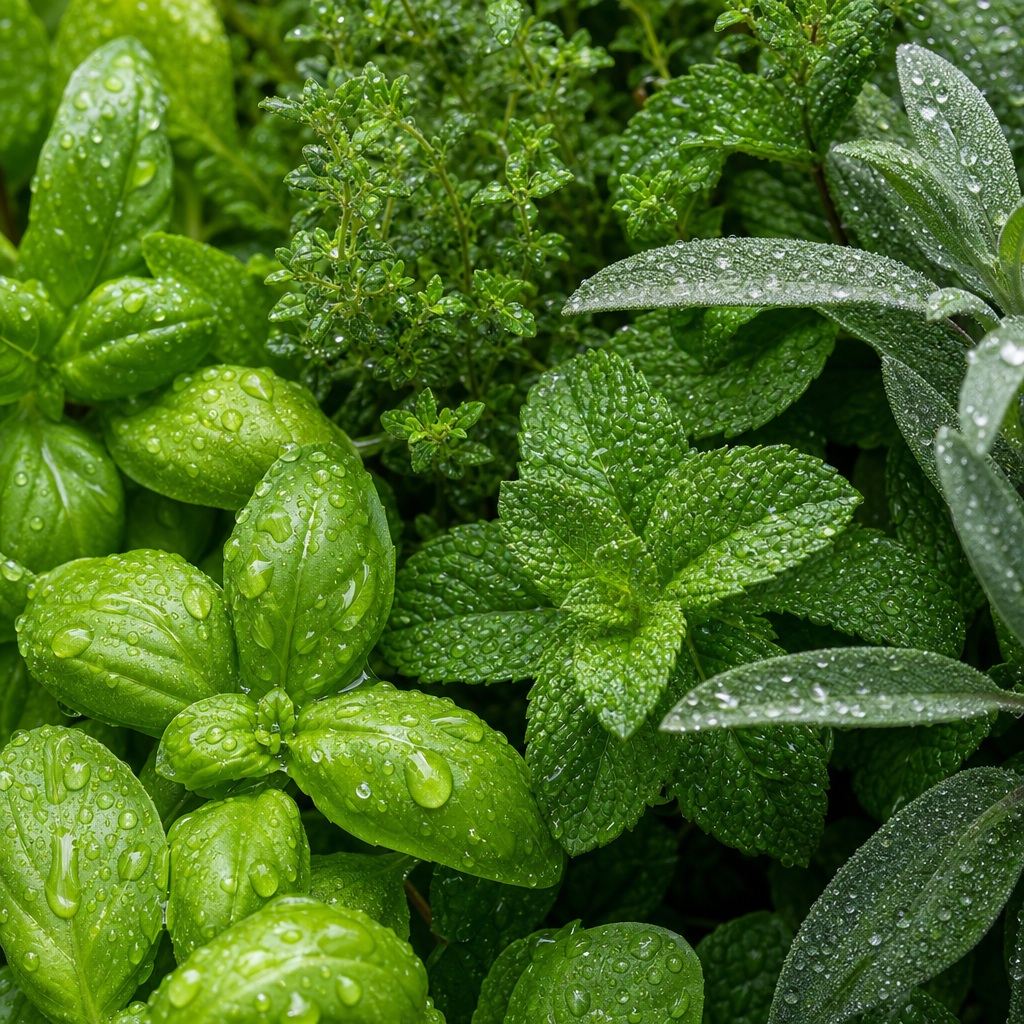 Close-up of fresh green leaves covered in rain droplets and moisture