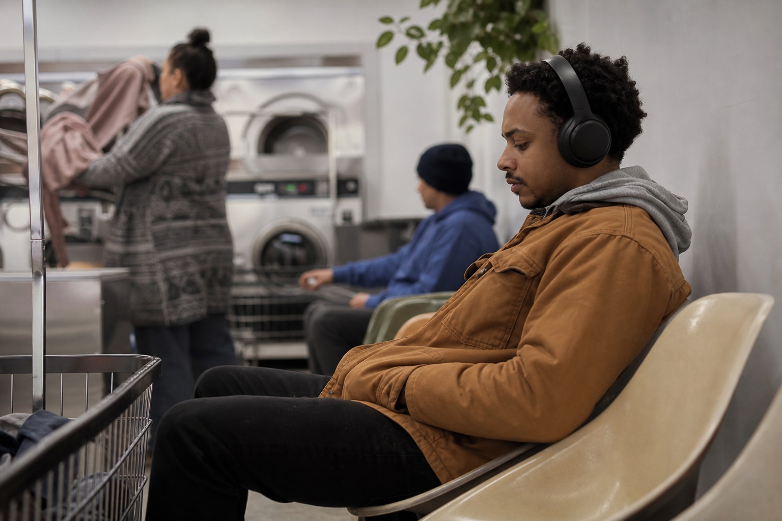Man wearing headphones sits in a laundromat waiting chair with people in the background.
