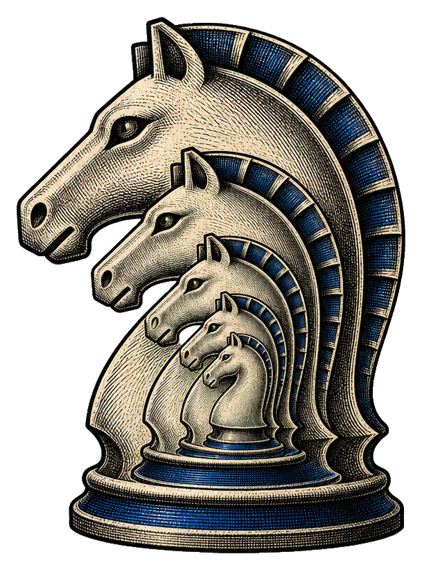 Layered chess knight heads forming a recursive optical illusion in black, cream, and blue