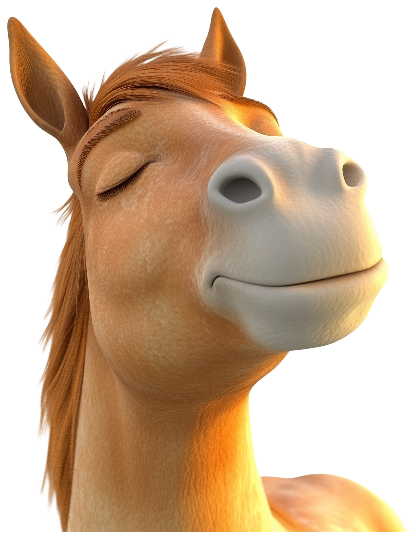 Smiling 3D horse head with closed eyes and a soft cartoon style