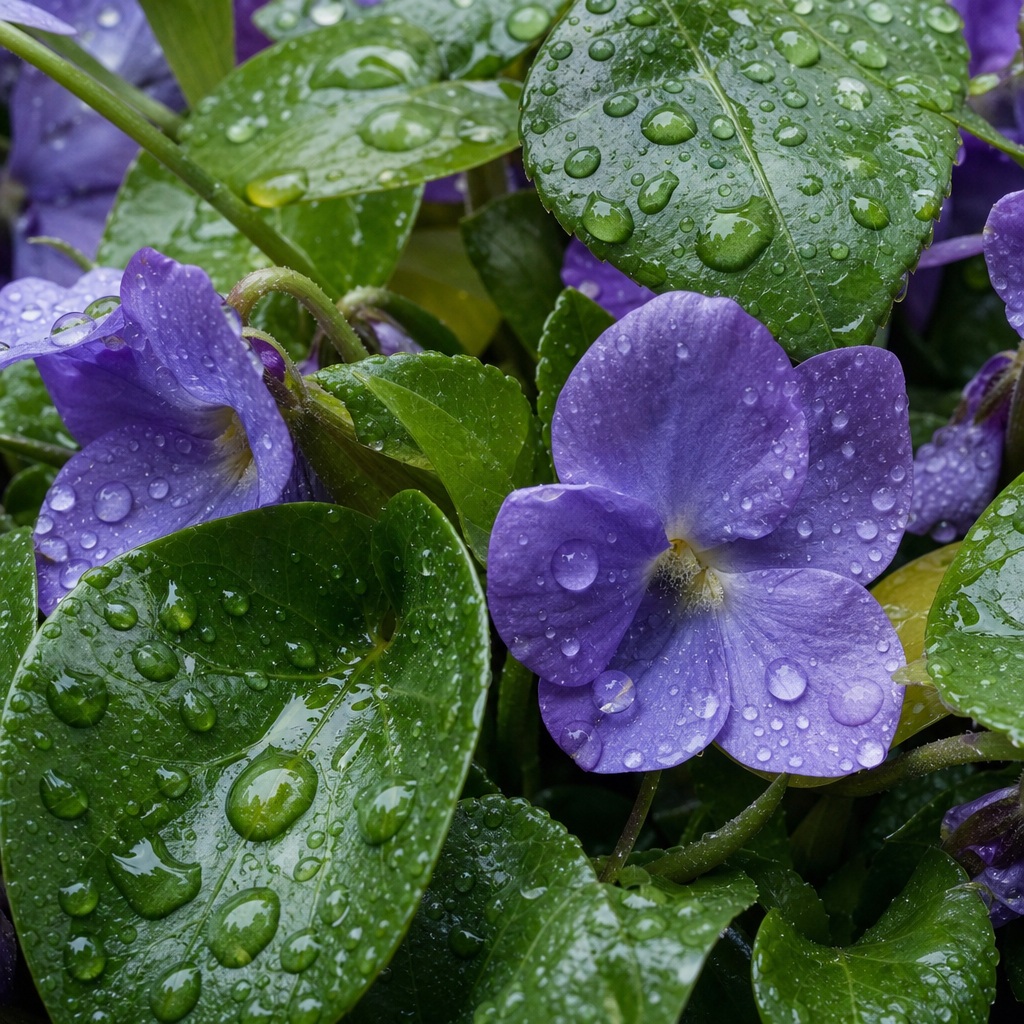 Purple flowers and green leaves covered in rain droplets
