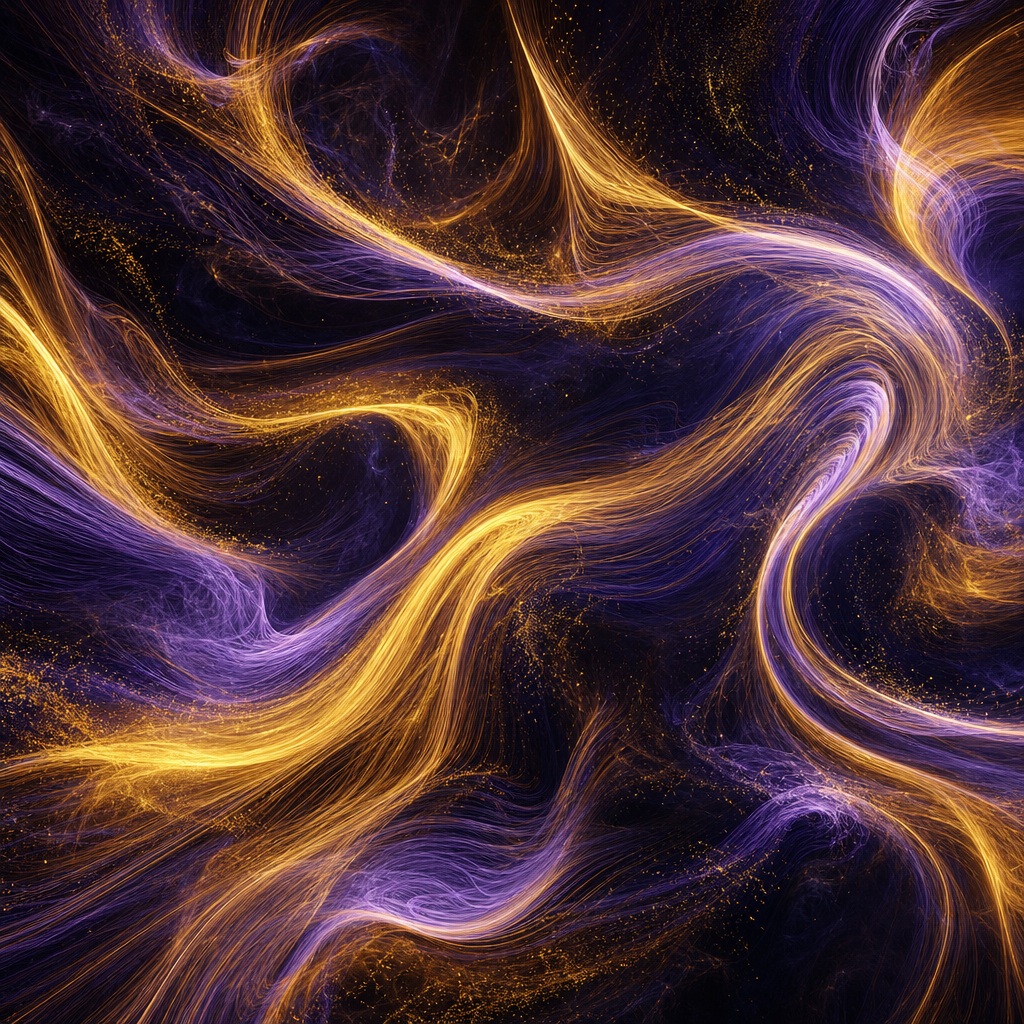 Gold and indigo swirling light ribbons on a dark background