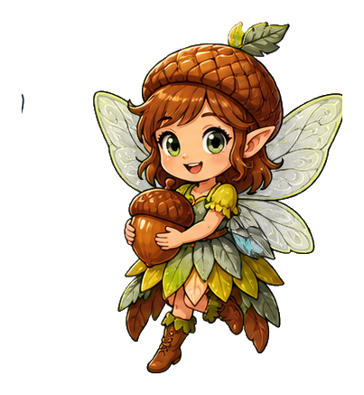 Cute fairy holding an acorn with leaf wings and a leafy dress