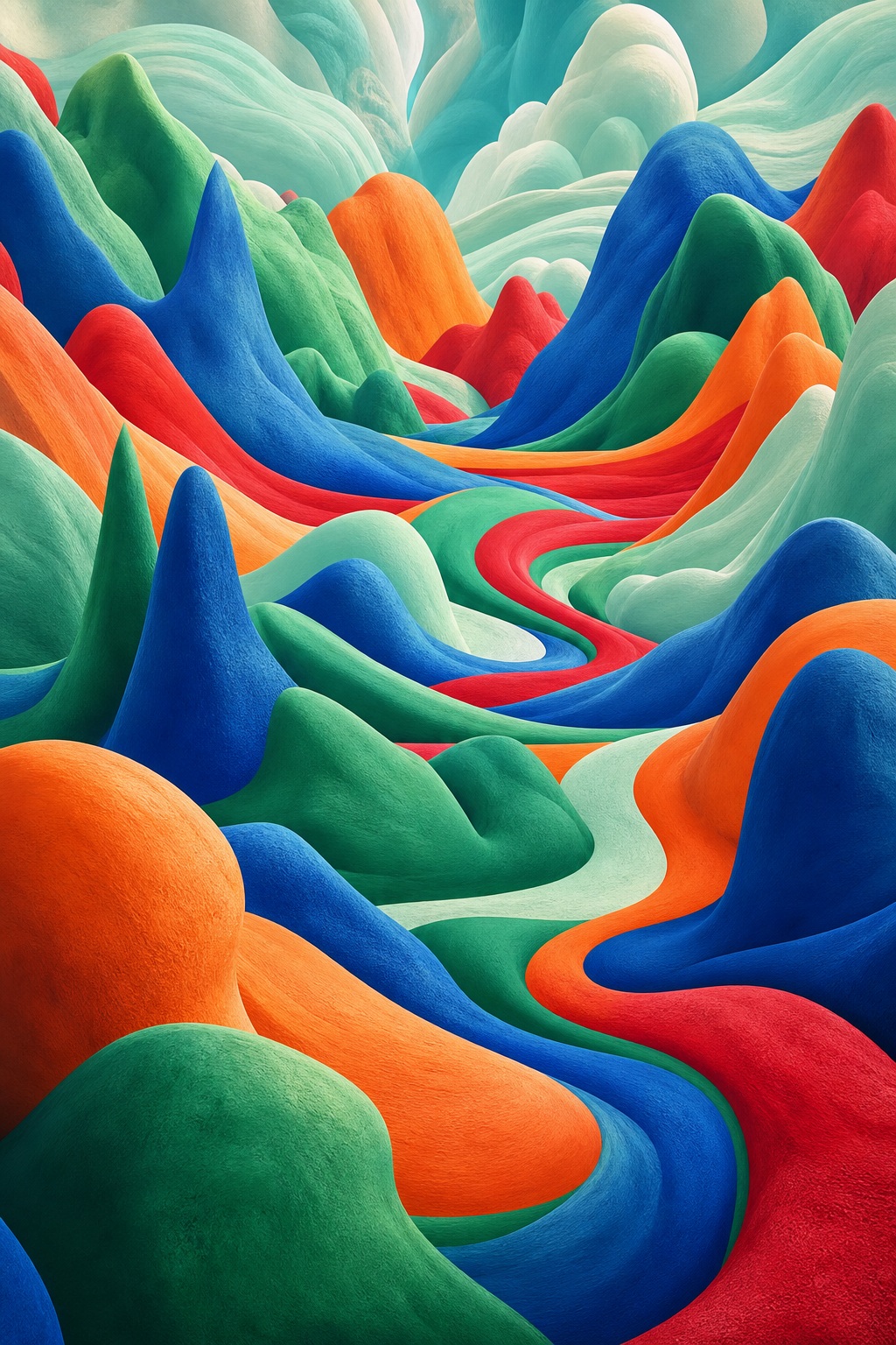 Colorful inflated mountain shapes forming a surreal abstract landscape with winding valleys and bright contrast.