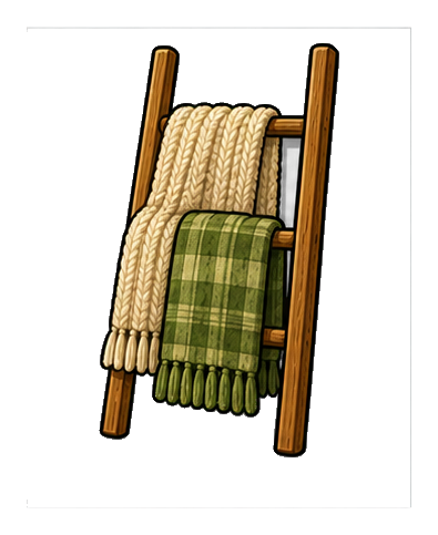 Wooden blanket ladder with folded beige rope and green plaid blankets
