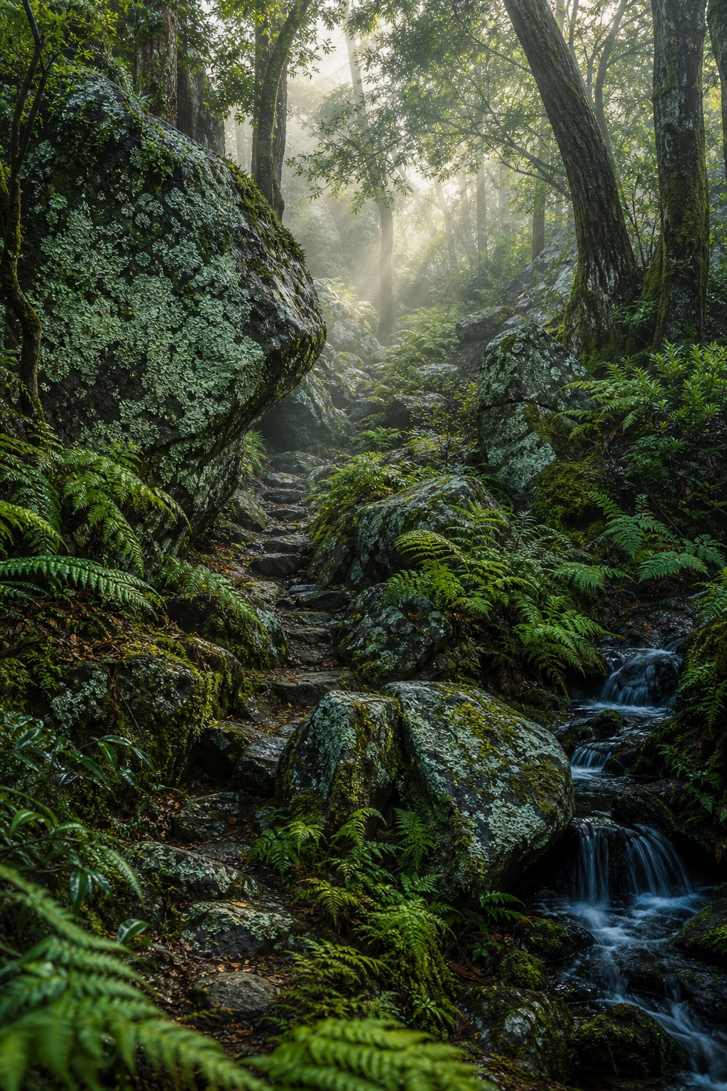 Misty forest scene with moss-covered rocks, ferns, and a small stream in lush greenery
