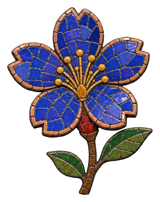Blue cobalt cherry blossom flower made of ceramic mosaic tiles with green leaves and stem