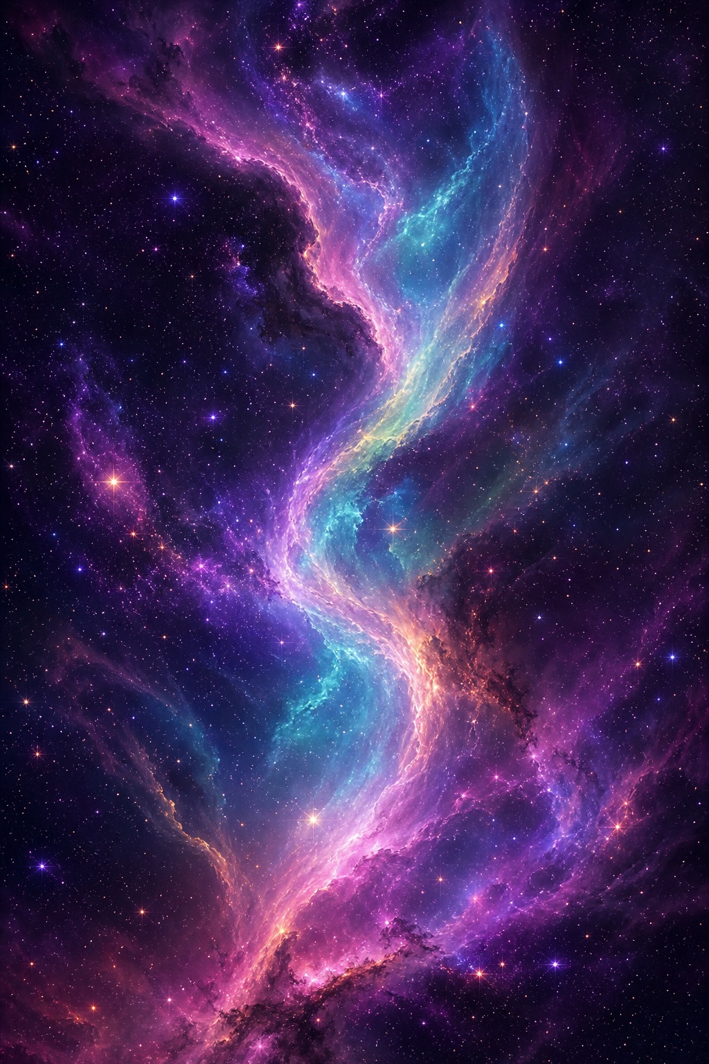 Purple, pink, and blue celestial aurora streaking through a dark starry space background.