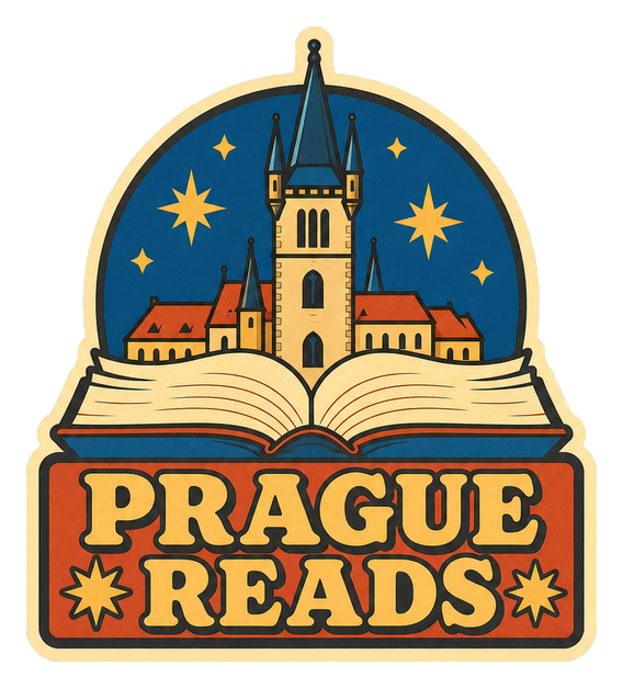 Retro Prague reads sticker with an open book, city skyline, and stars