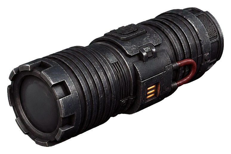 A black tactical flashlight sticker shown in a side view on a transparent background.