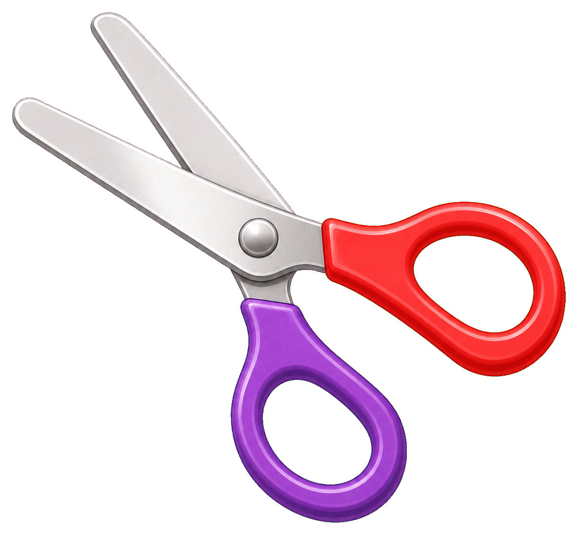 Red and purple scissors sticker graphic with silver blades.