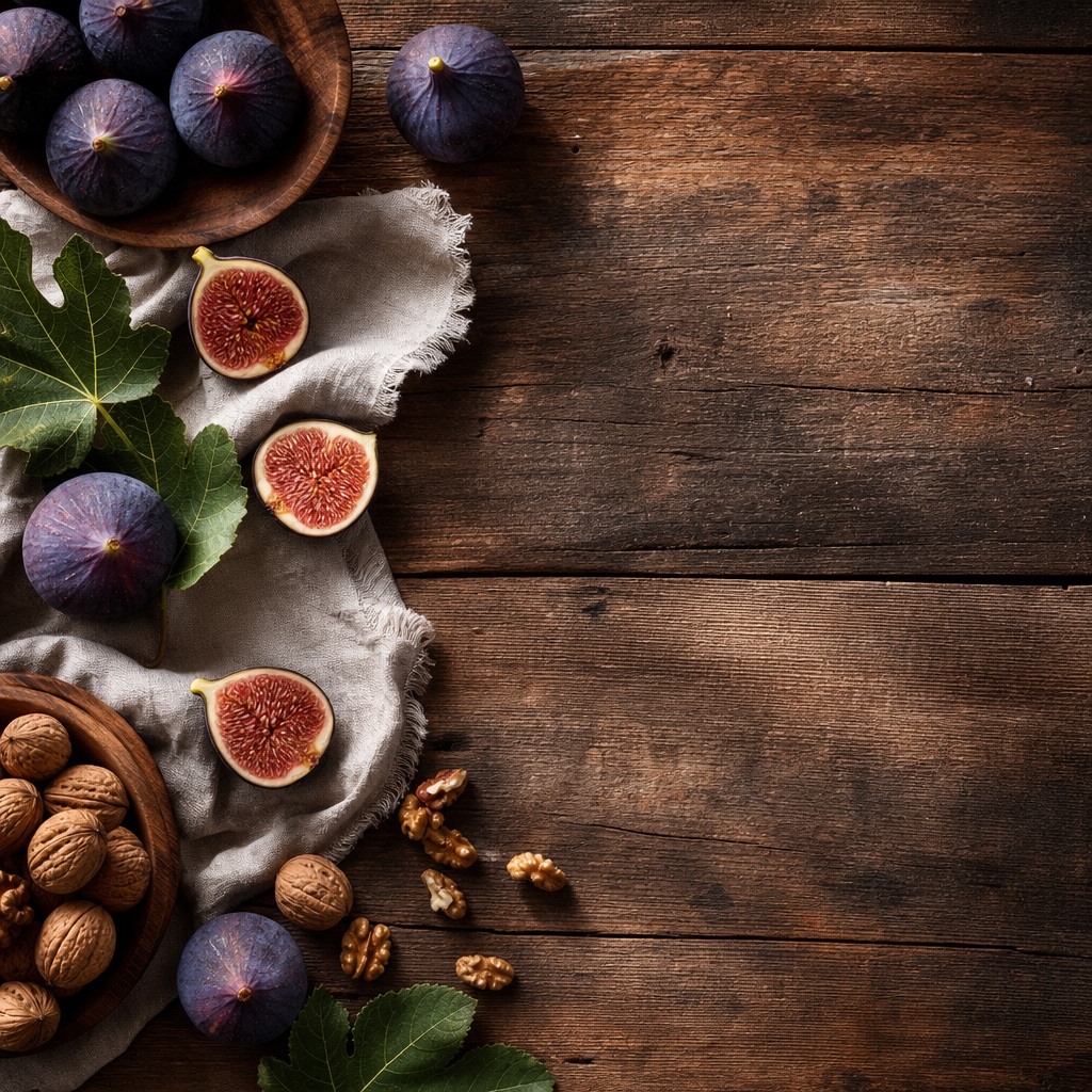 Fresh figs, walnuts, and leaves arranged on a rustic wooden board background