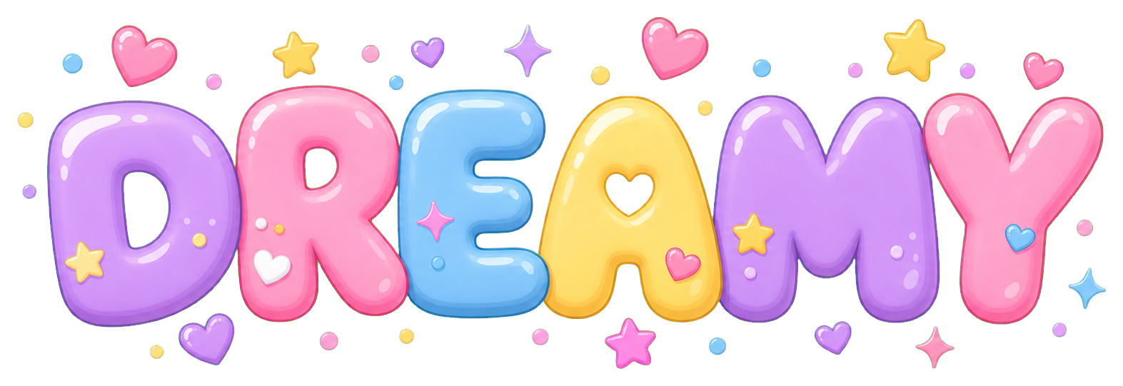 Cute pastel bubble letters spelling Dreamy with small hearts and sparkles around the word.