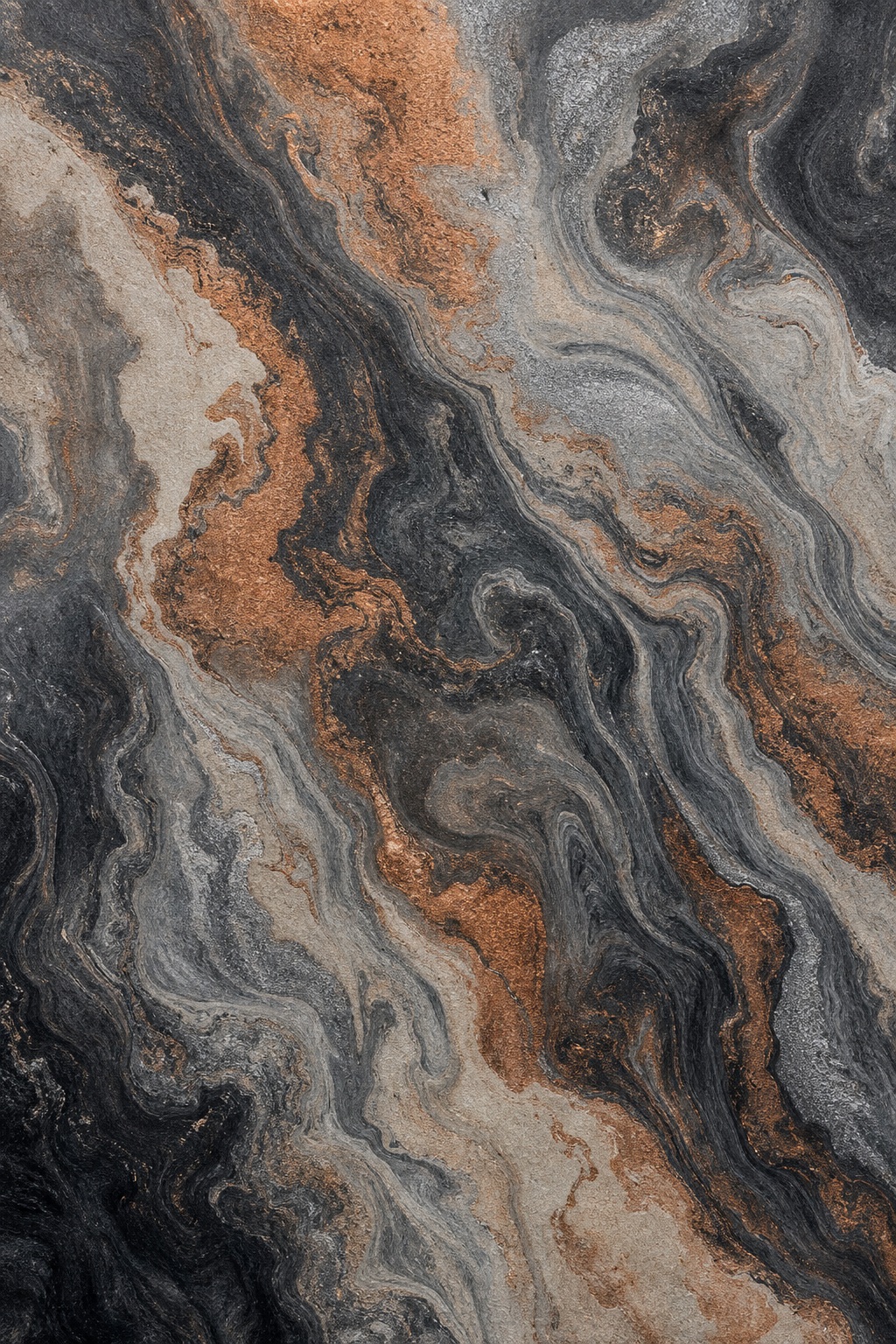 Charcoal, copper, and gray marbled paper with flowing organic streaks