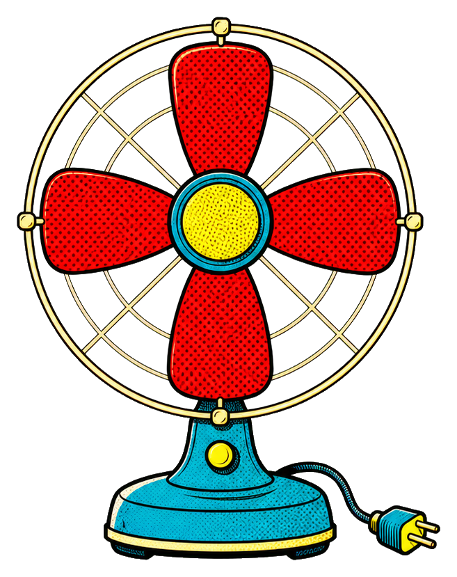 Red four-blade desk fan with a blue base in a pop art style