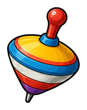 Colorful spinning top with red handle, yellow and blue body, and pointed tip