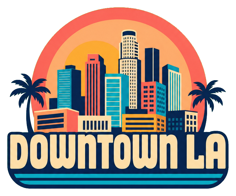 Retro illustrated Downtown LA skyline with palm trees and bold text.