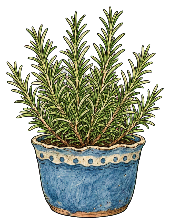 Rosemary plant growing in a blue decorative kitchen pot sticker