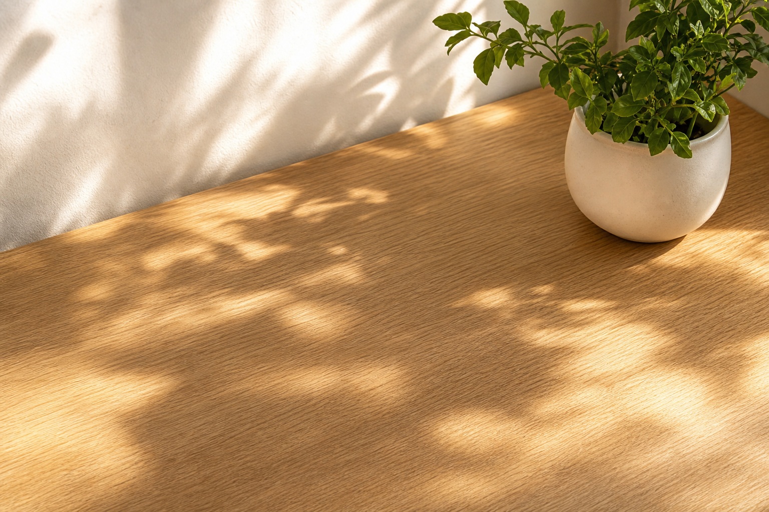 Sunlit wooden desk corner with a small potted plant and soft leaf shadows