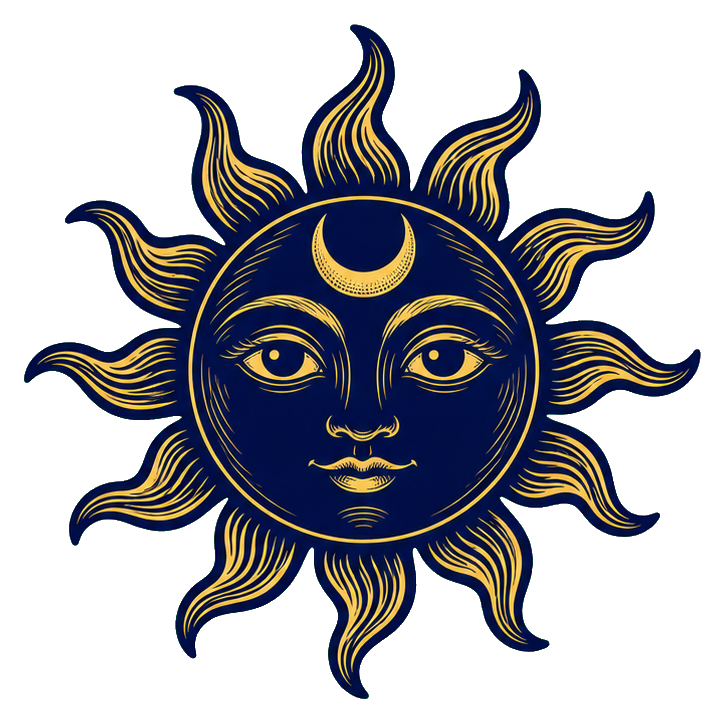 Gold sun face with a crescent moon on the forehead and radiating rays