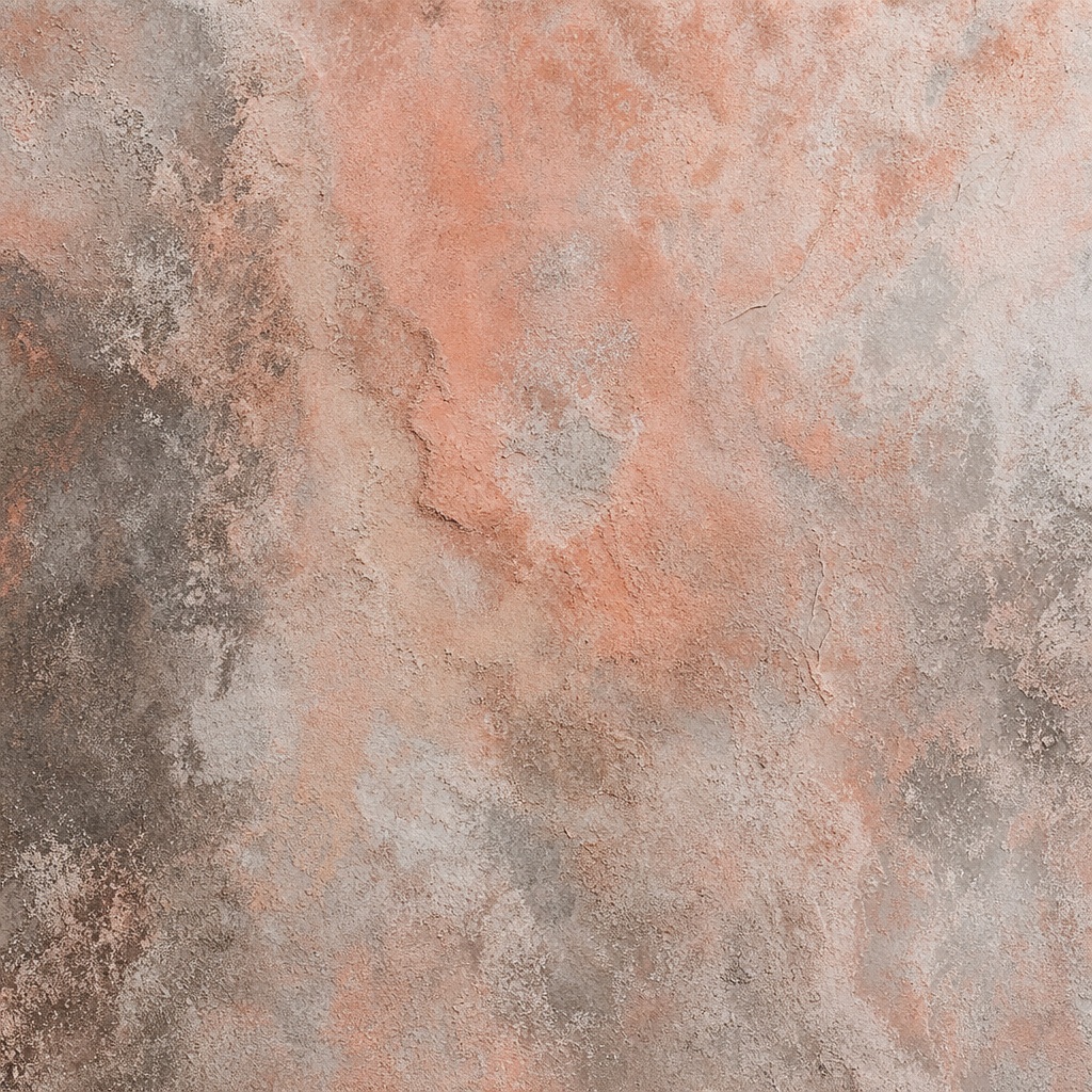 Soft coral and gray oxidized mineral patina with a weathered textured surface