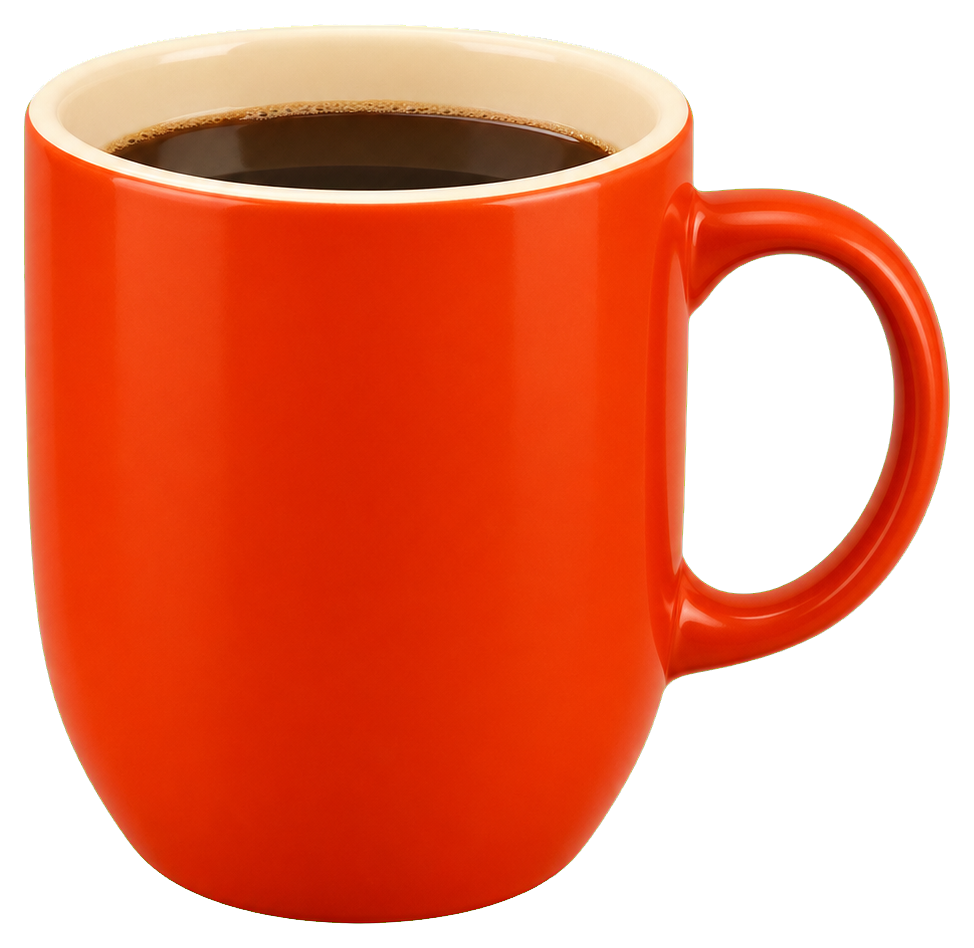 Orange coffee mug filled with coffee on a white background