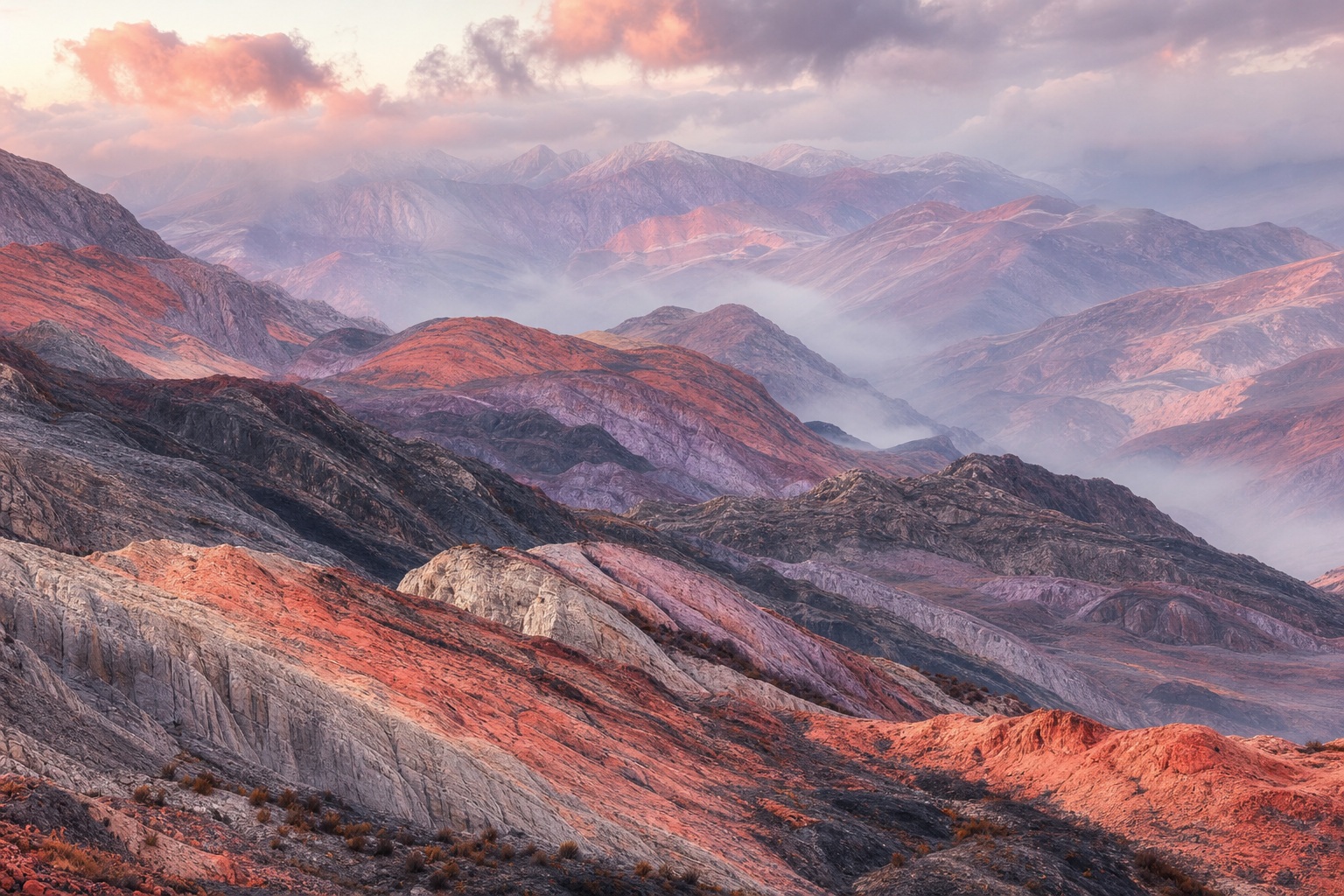 Layered mineral mountains glowing with coral light beneath a pastel sky