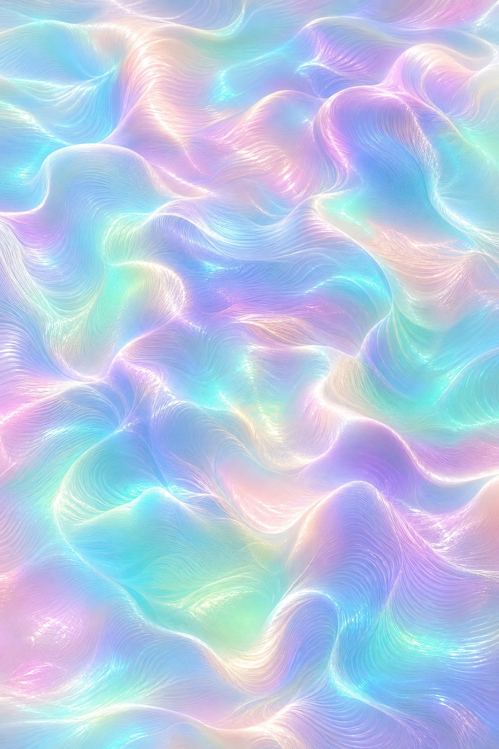 Pastel iridescent mesh with flowing wave-like ripples and soft glowing highlights
