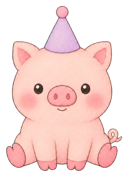 Cute pink pig wearing a purple party hat and sitting front view
