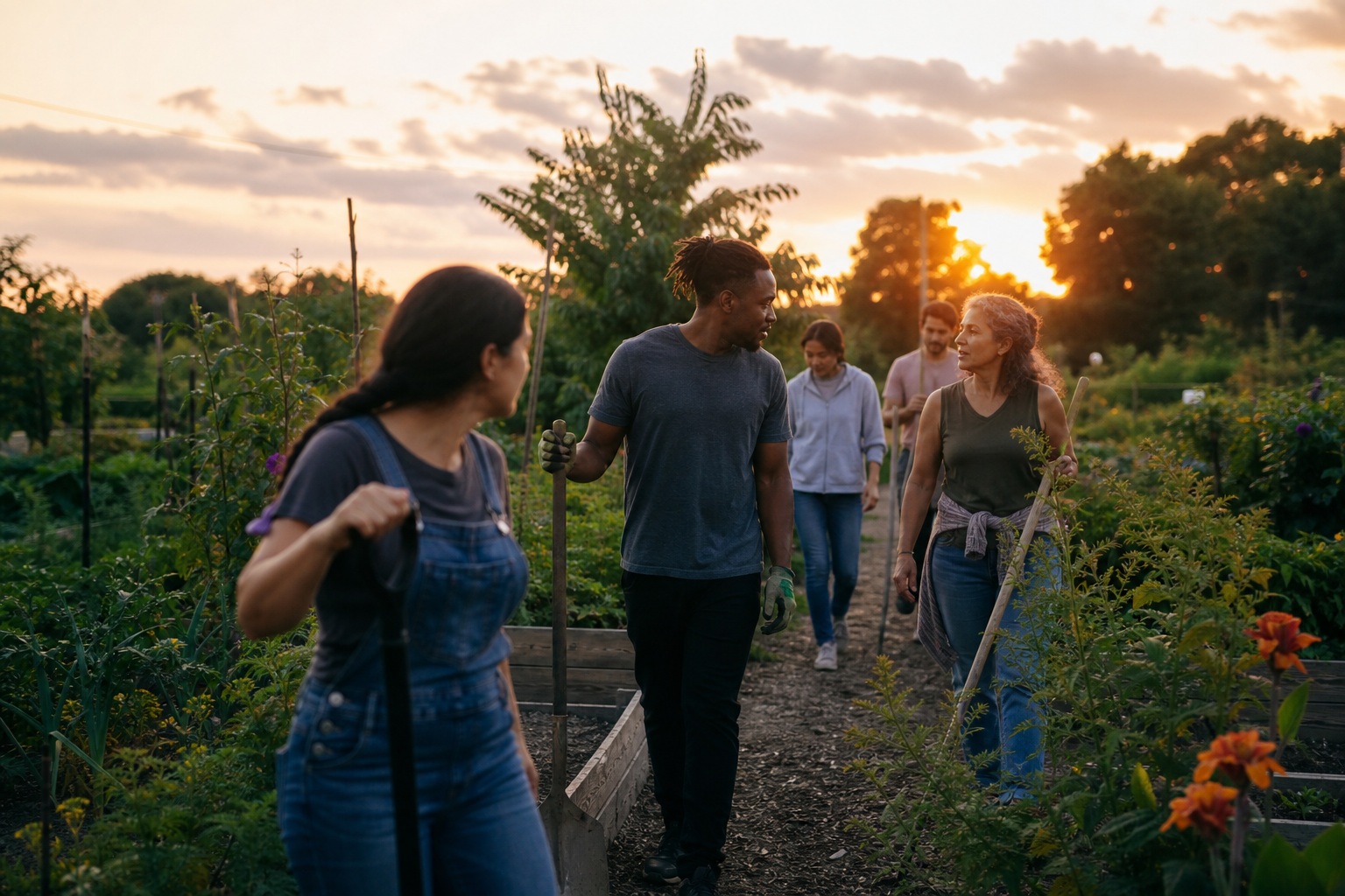 Three people walking and gardening along a sunlit community garden path at sunset.