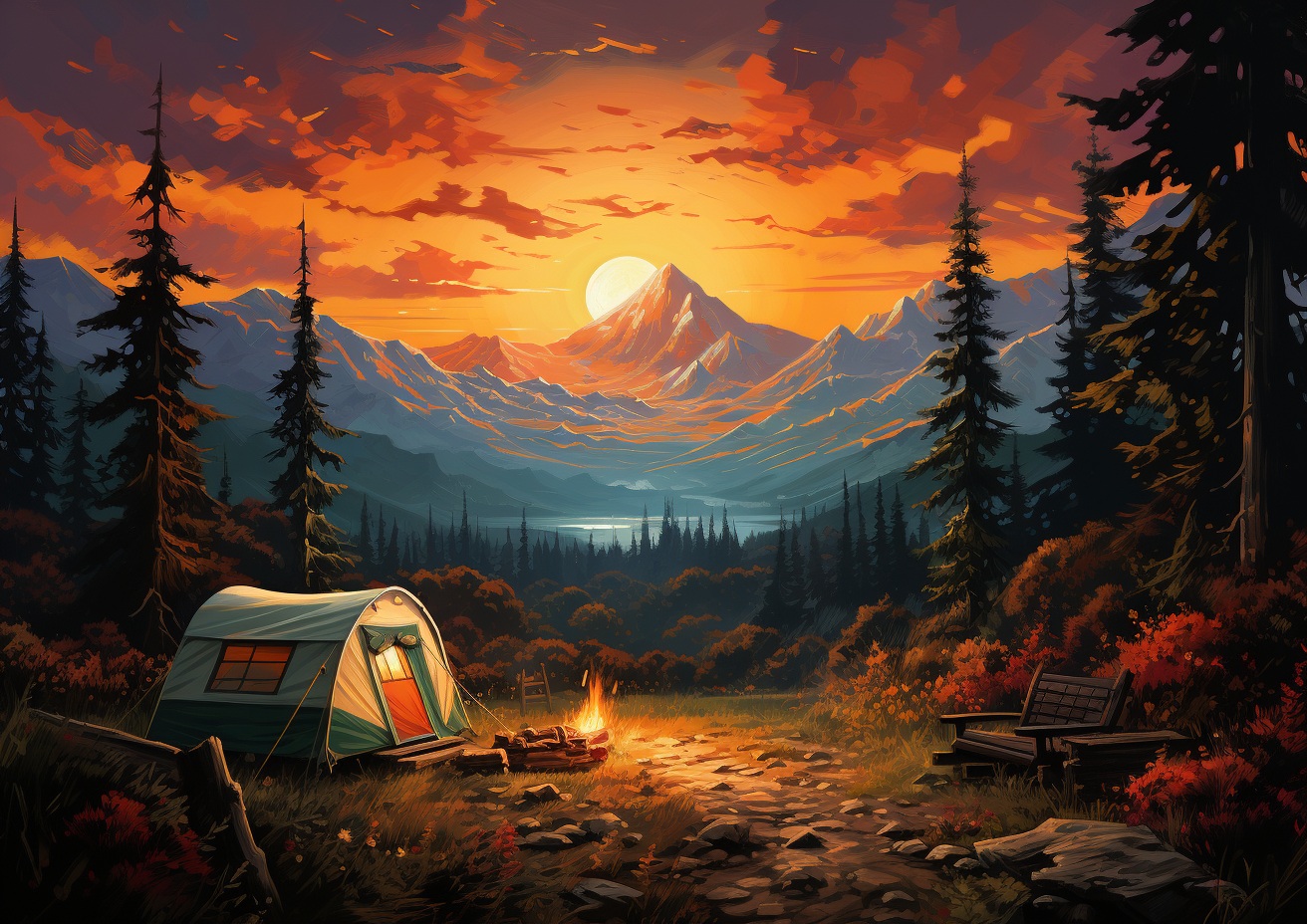 Preview for Camping Background With Tent And Mountain Sunset