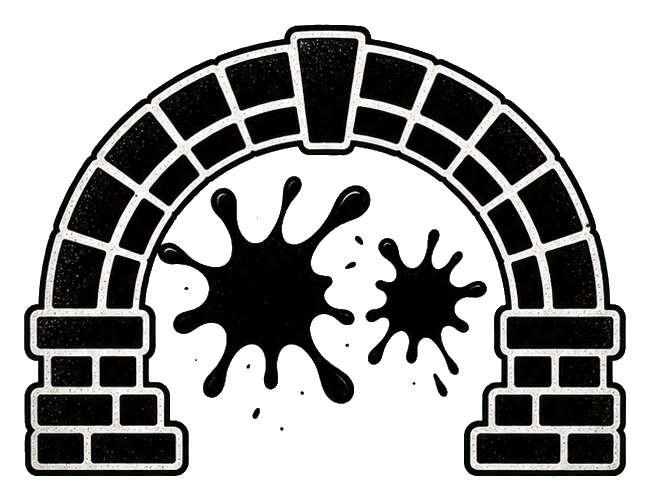 White outlined brick arch with scattered paint splatter on a black background