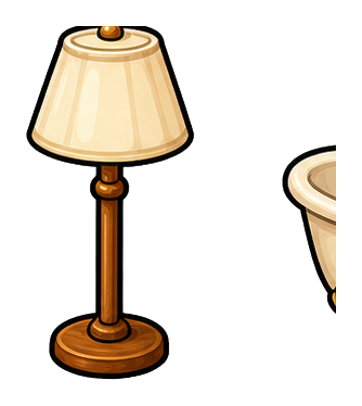 A small vintage-style floor lamp with a tan shade and wooden base