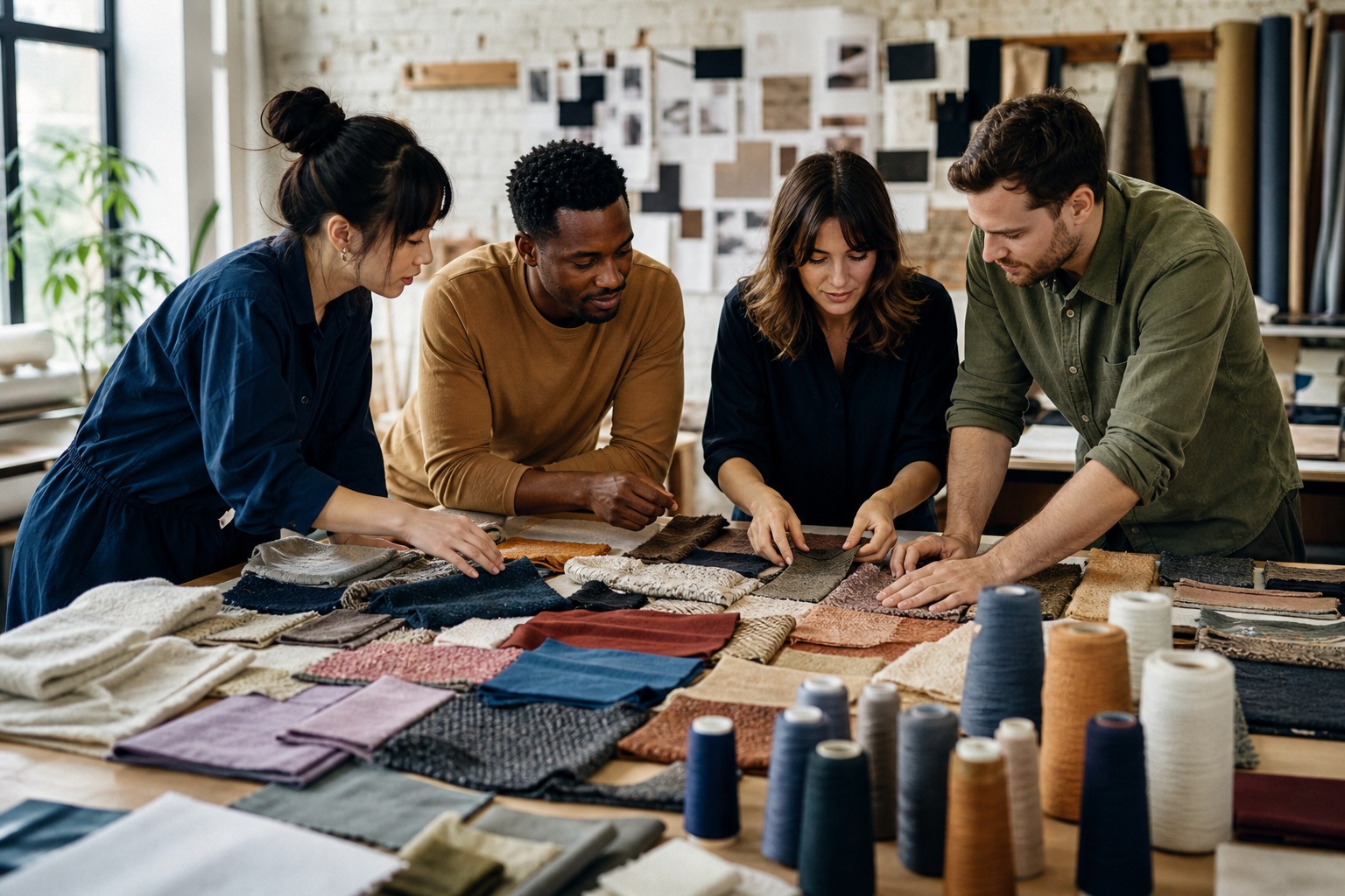 Four people collaborating around a table covered with fabric swatches and design materials.