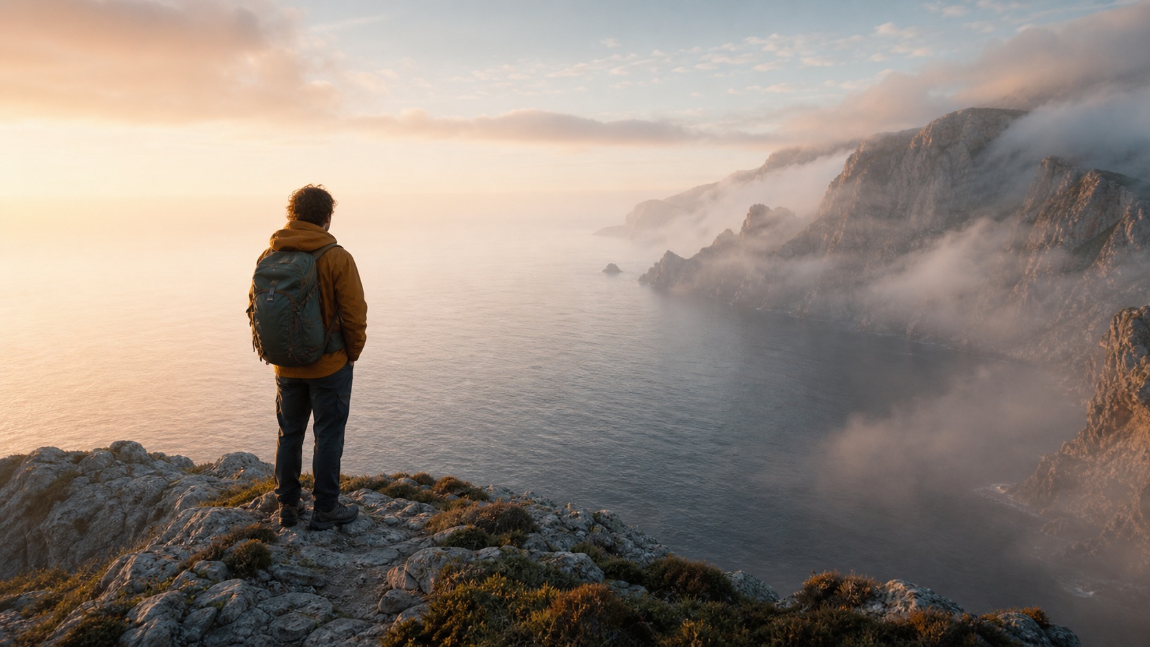 Person standing on a rocky cliff overlooking a foggy coastline at sunrise.