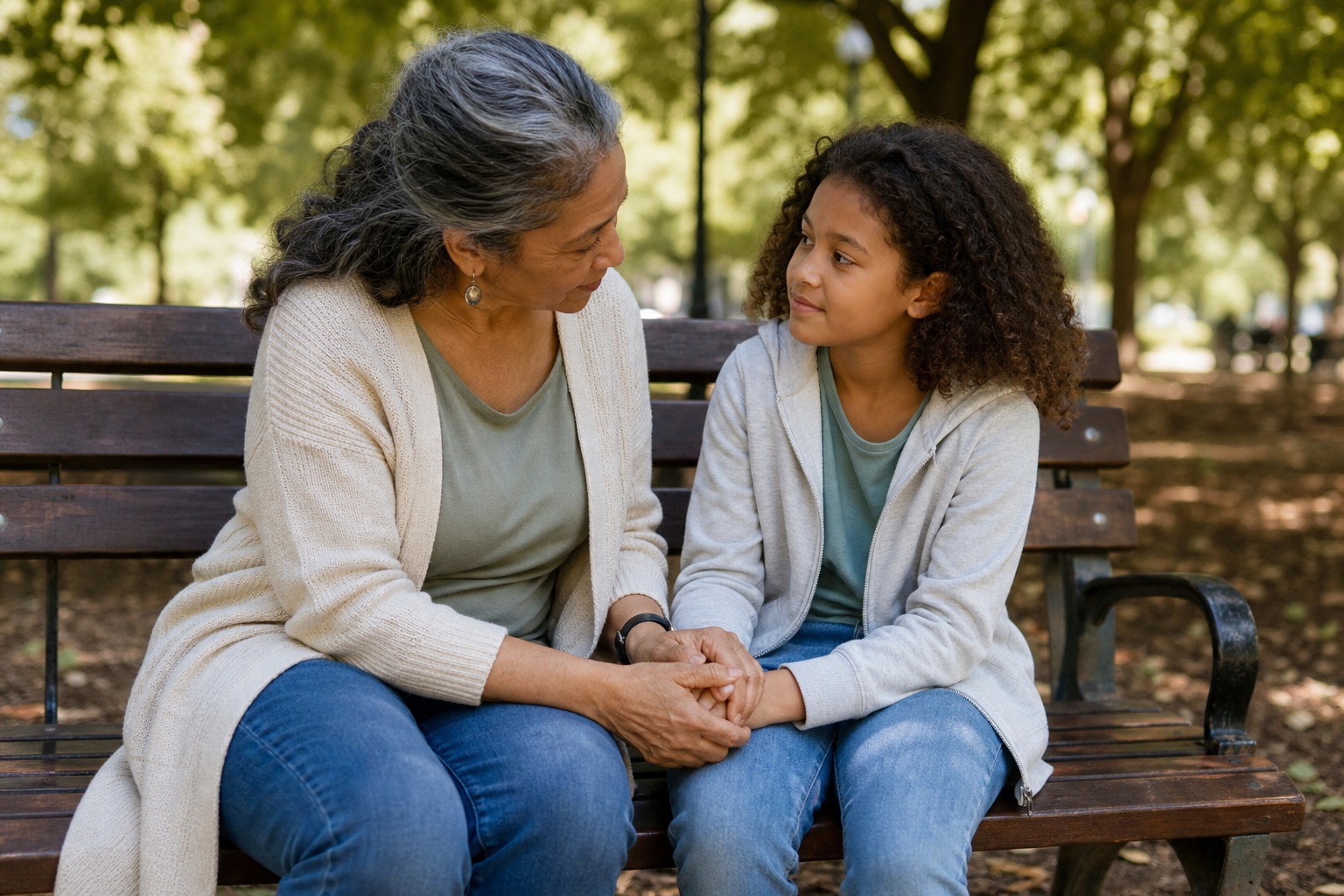Woman and young girl holding hands while sitting together on a park bench.