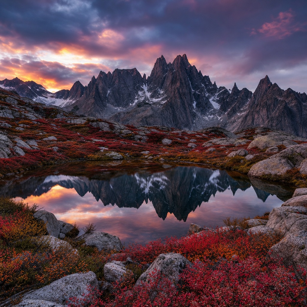 Snowy mountains reflected in a calm alpine pond surrounded by red shoreline plants.