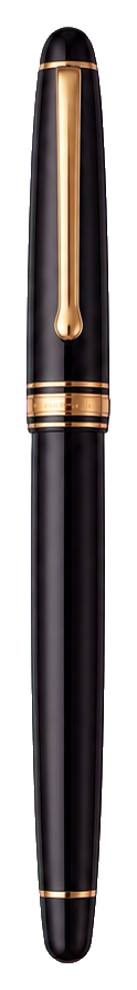 A realistic black fountain pen with gold trim and clip on a transparent background.