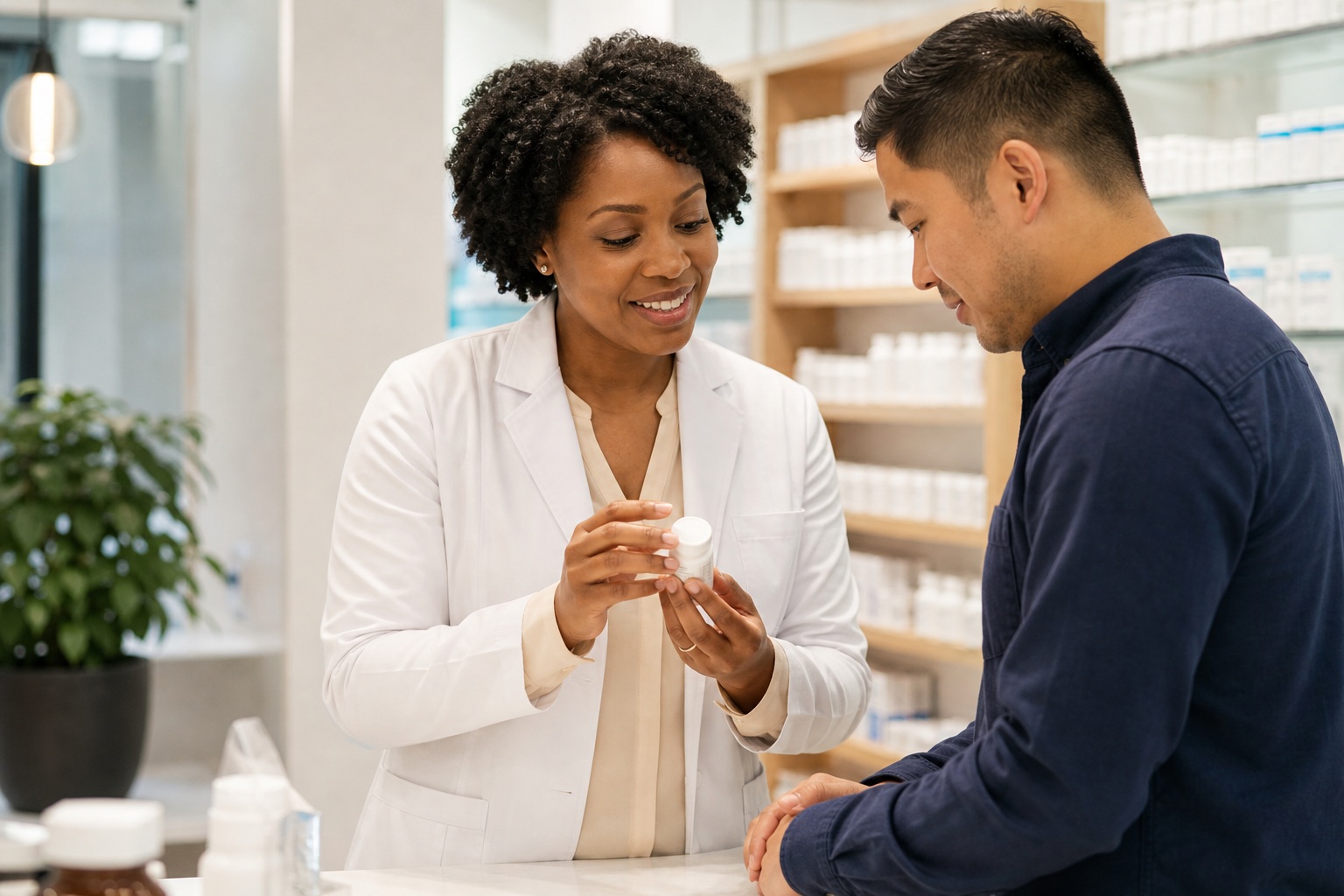 Doctor and patient talking in a bright medical office during a consultation.