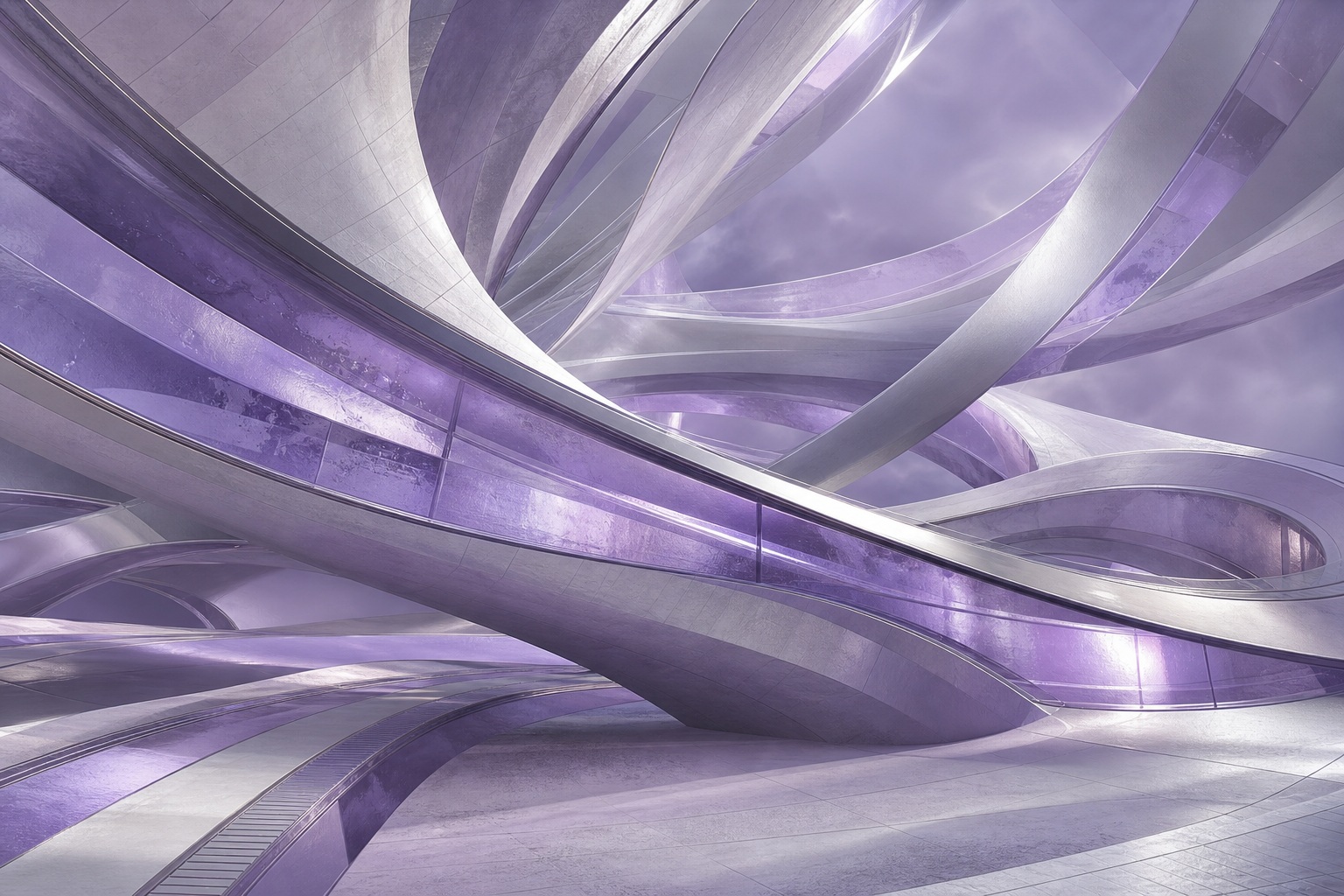 Abstract violet chrome structural ribs forming a futuristic architectural scene.