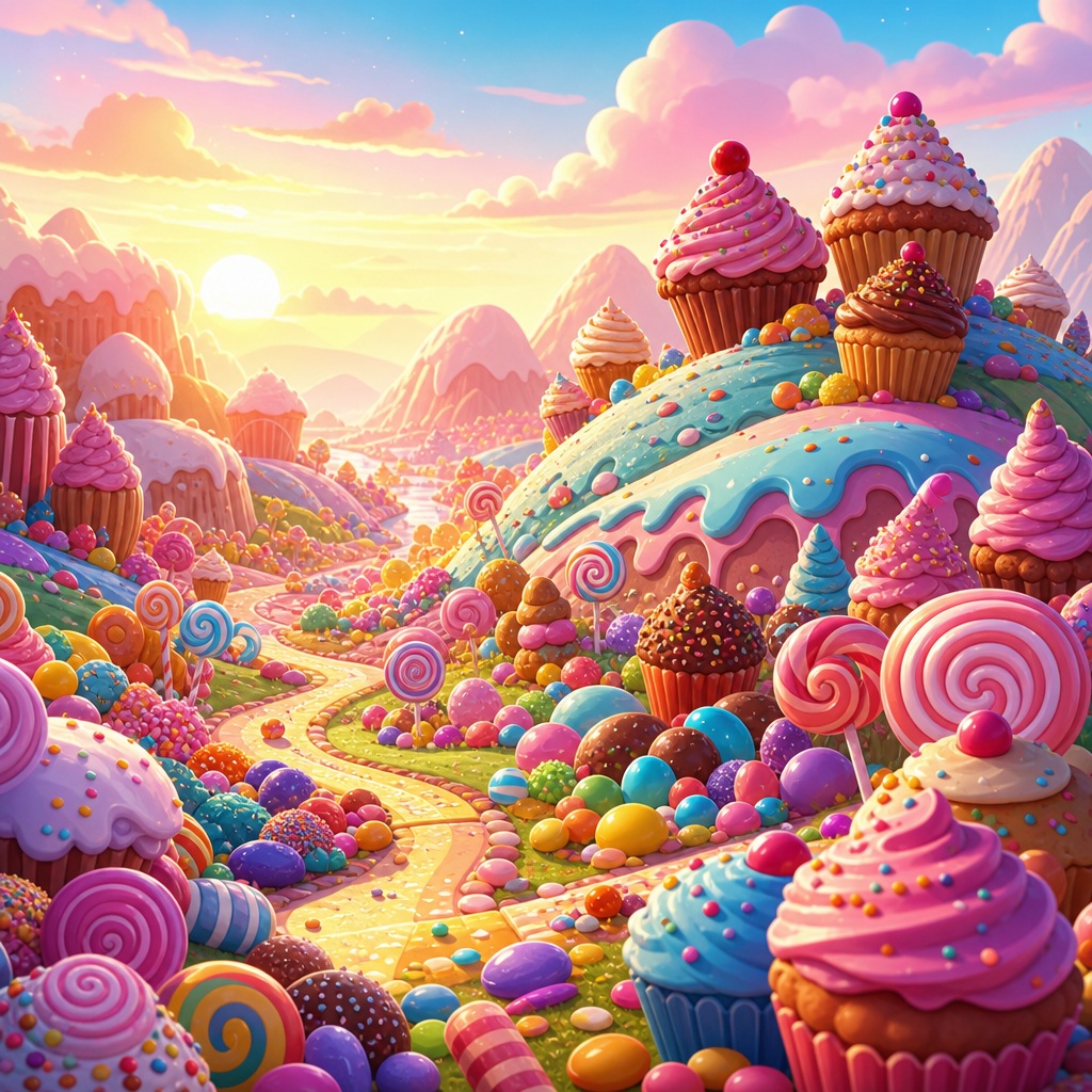 Colorful cartoon candy landscape with hills, cupcakes, lollipops, and a winding path.
