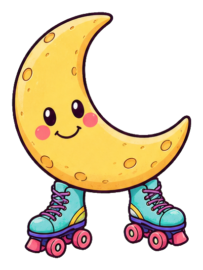 Smiling crescent moon wearing roller skates with colorful shoes and pink cheeks