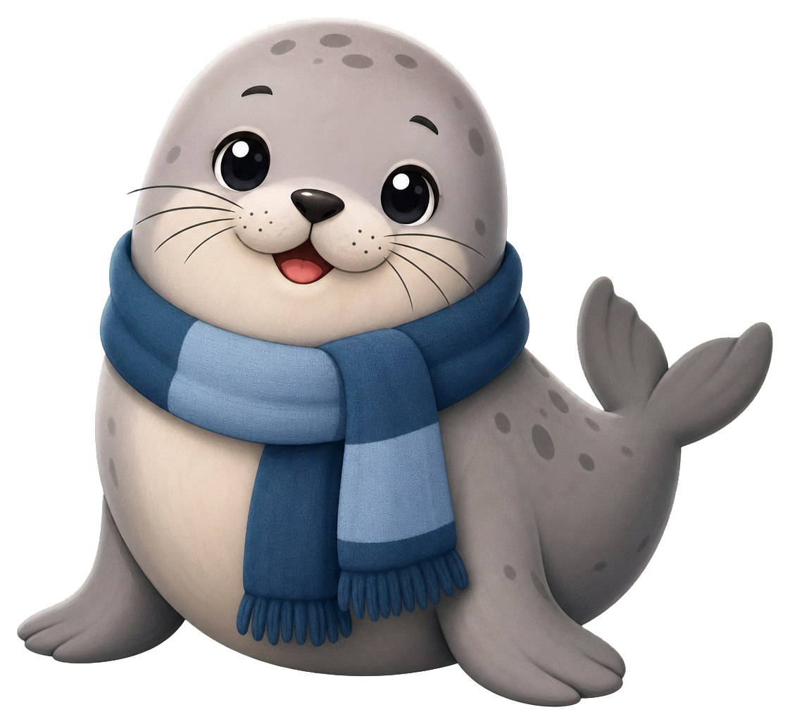 Cute gray seal wearing a blue scarf and smiling